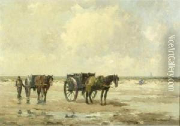 Seaweed Gatherers On The Beach Oil Painting - Gerardus Johannes Delfgaauw