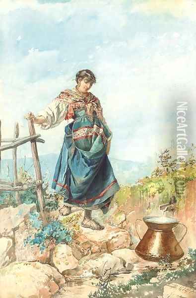 A ciociarella at the spring Oil Painting - Belisario Gioja