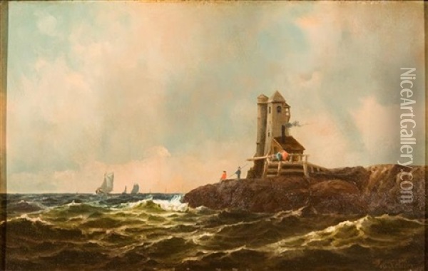 Lighthouse On The Point Oil Painting - Thomas Clarkson Oliver