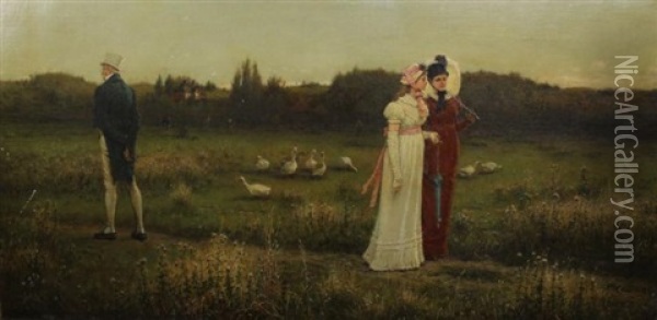 Two Women Talking Amongst Themselves While A Gentleman Is Facing Away Oil Painting - George Henry Boughton