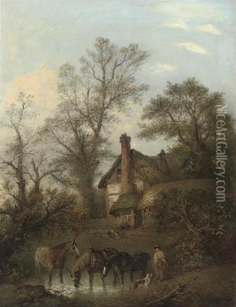 Horses Watering Before A Thatched Cottage Oil Painting - Edward Robert Smythe