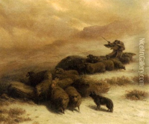 Shepherd And Flock On A Snowy Mountain Side Oil Painting - August Friedrich Albrecht Schenck