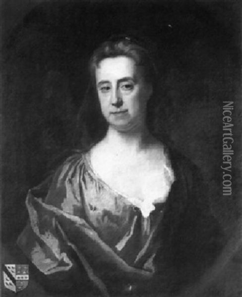 Portrait Of A Lady, Possibly Elizabeth Baker, Half Length Ina Blue Dress And A Brown Wrap Oil Painting - Jonathan Richardson