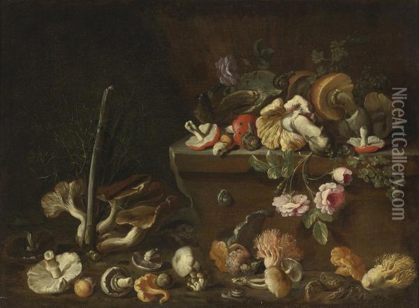 Still Life With Mushrooms And Flowers Oil Painting - Simone Del Tintore