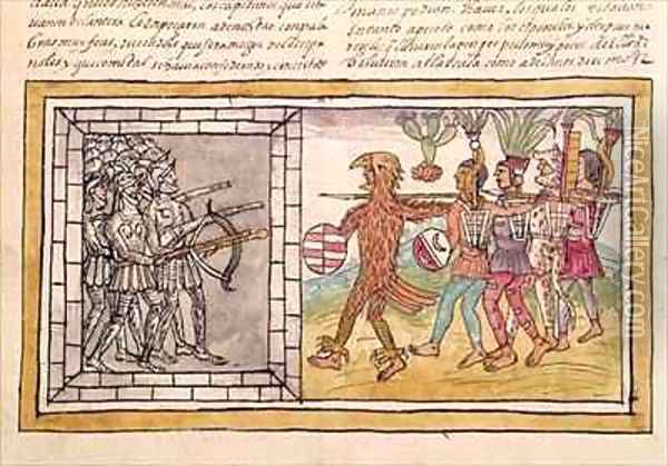 Codex Duran Pedro de Alvarado companion at arms of Hernando Cortes besieged by Aztec warriors Oil Painting - Diego Duran