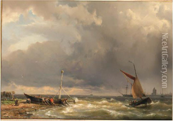 Shipping In A Stiff Breeze Near Enkhuizen Oil Painting - Hermanus Koekkoek
