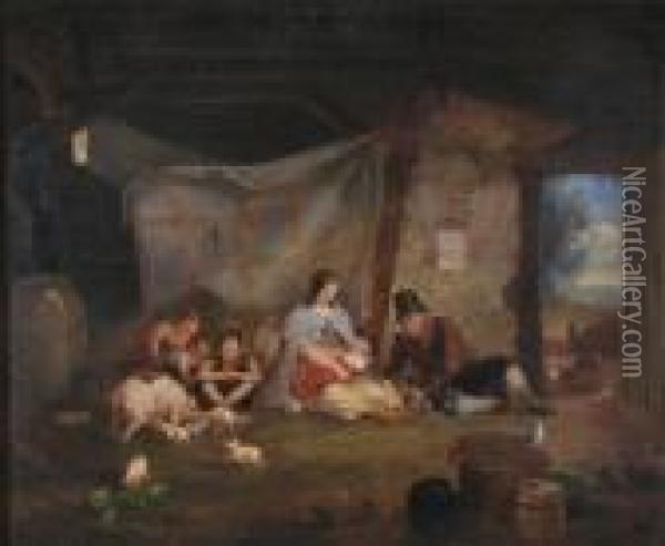 A Family Resting In A Barn With Piglets And Chickens Oil Painting - William Joseph Shayer