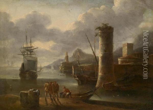 A Southern Seaport With Watch Towers Oil Painting - Adriaen Van Der Kabel