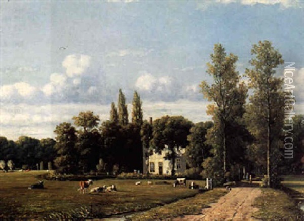 Cows Grazing By A Country Estate Oil Painting - Johannes Jacobus (Jan) Heppener