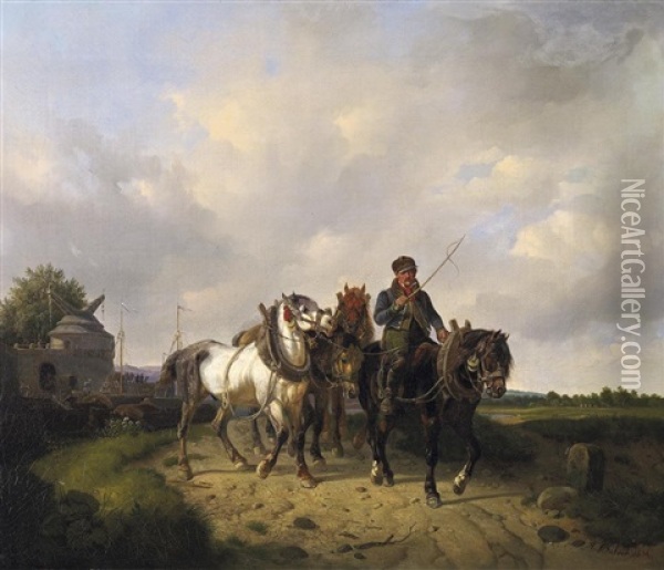 Treidler Mit Seinen Pferden Am Flusufer Oil Painting - August Franz Schelver