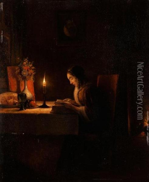 Lekture Bei Kerzenlicht Oil Painting - Petrus van Schendel