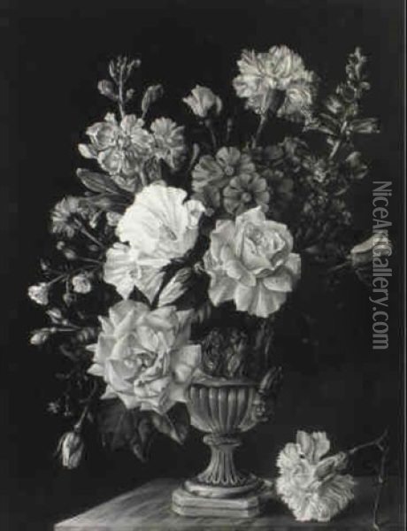 Roses, Carnations And Other Flowers In An Urn On A Marble   Ledge Oil Painting - James Campbell Noble