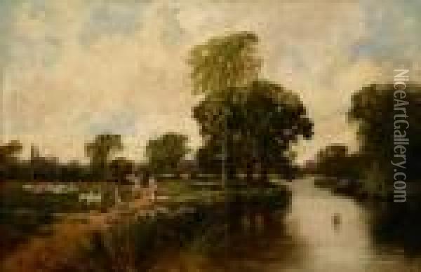 Figures On A Path With Sheep Resting In A Riverlandscape Oil Painting - James Scott Kinnear