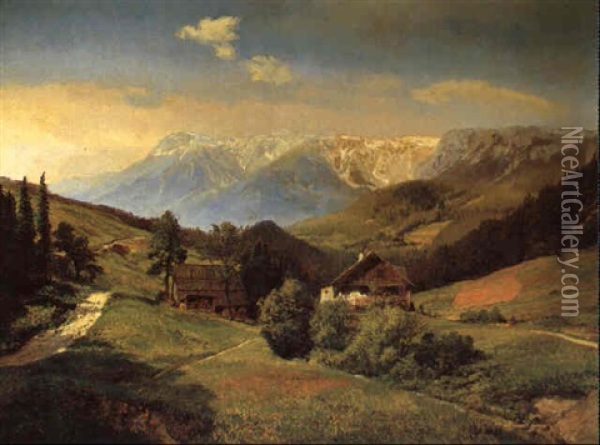 Chalet In A Mountainous Landscape Oil Painting - Konrad Petrides