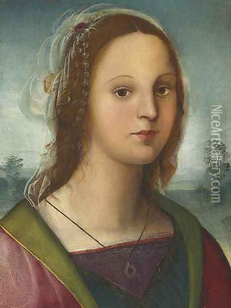 Portrait of a young lady, bust-length, with a pearl headdress, a landscape beyond 2 Oil Painting - Raffaellino del Garbo