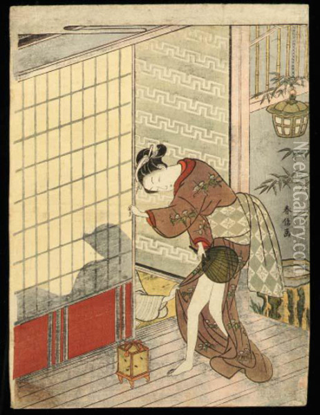 A Beauty On A Veranda Hiding Her
 Thighs With A Fan As A Man Seen Insilhouette In An Interior Pulls Her 
Skirt Oil Painting - Suzuki Harunobu