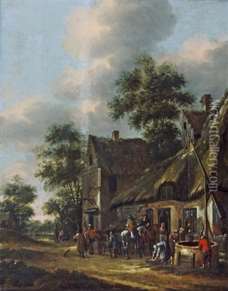 Dorfstrasse Mit Reitern Vor Einem Wirtshaus Oil Painting - Thomas Heeremans