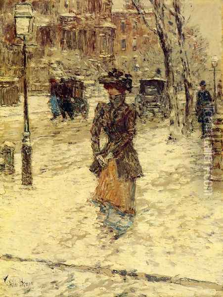 Lady Walking down Fifth Avenue Oil Painting - Childe Hassam