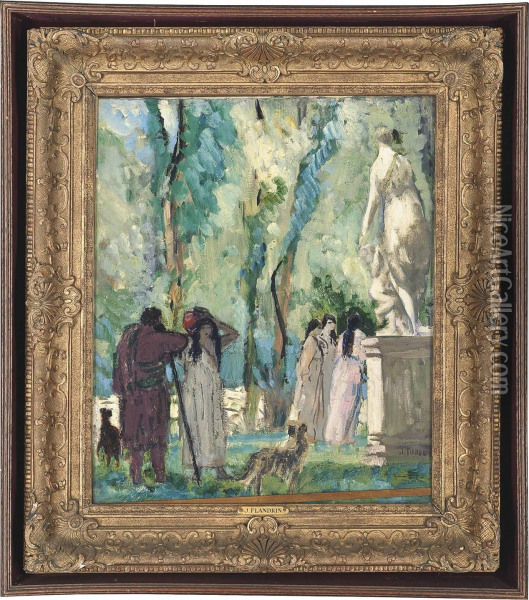 Promenading Figures In A Garden With A Sculpture Of Venus And Cupid Oil Painting - Jules Flandrin