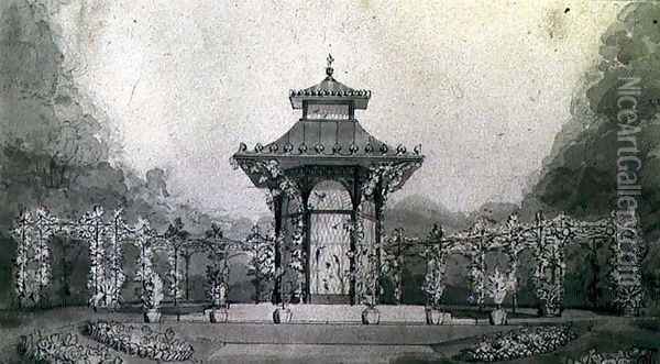 Design for an Aviary and Pergola in the Chinese Style, 18th century Oil Painting - Humphry Repton