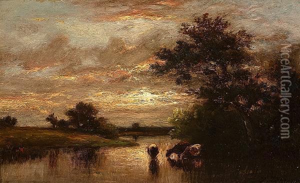 Cattle Watering At Sunset Oil Painting - Jules Dupre