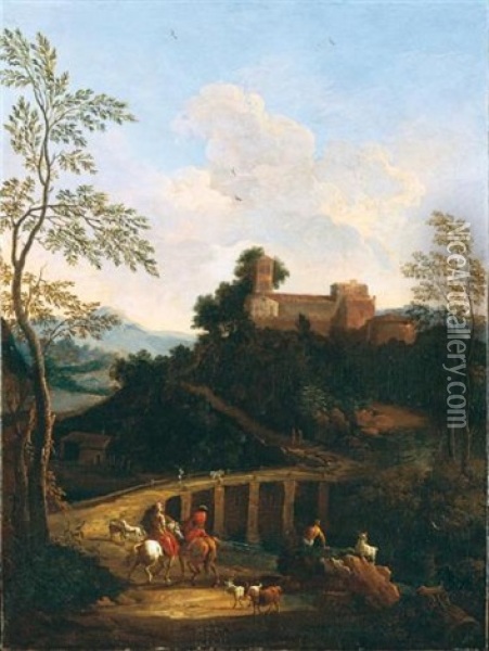 Paesaggio Romano Nei Pressi Di Un Fiume Con Ponte E Cavalieri Oil Painting - Giovanni Battista Busiri