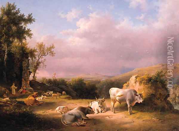 Buffaloes in the Roman Campagna at sunset with cattle, shepherds and tavellers by a ruined wall beyond Oil Painting - Lievine Teerlink