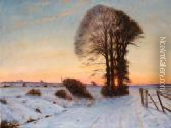 A Winter Landscape At Dusk Oil Painting - Emil Winnerwald