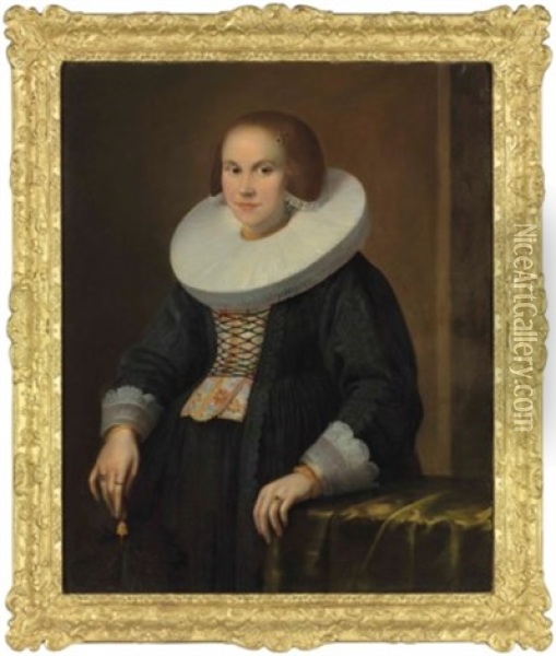 Portrait Of A Young Lady, Half-length, Holding A Feather Oil Painting - Samuel Hofmann
