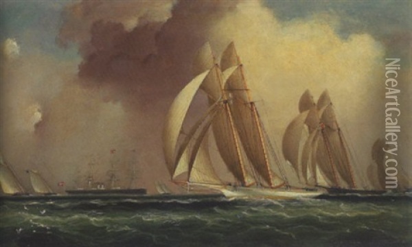 Yachts Racing Under Storm Clouds, Rounding A Steamer Oil Painting - James Edward Buttersworth