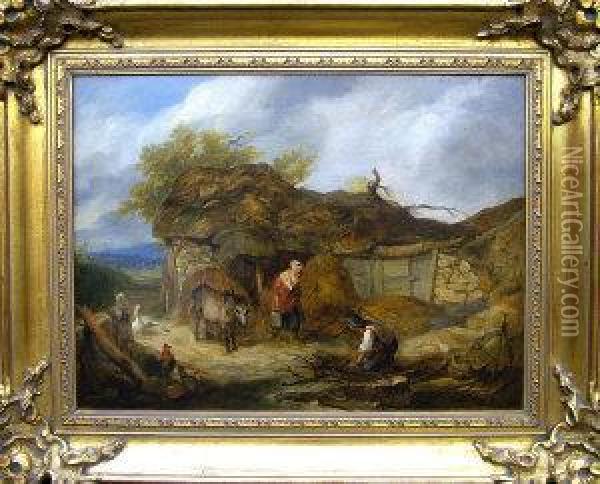 A Farmyard Scene With Figures And Donkey Oil Painting - Henry Charles Bryant