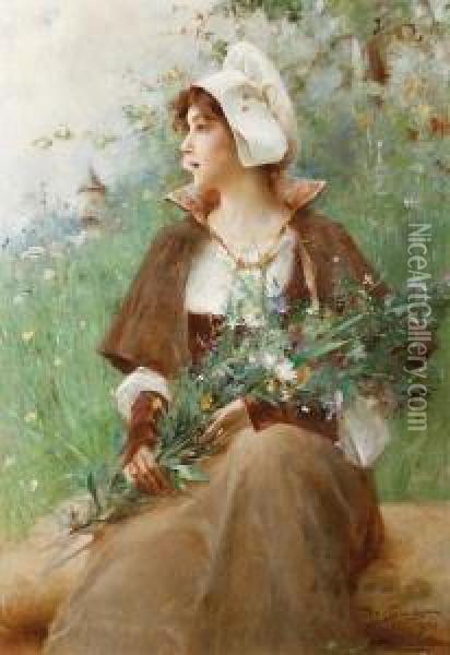 Portrait Of A Lady With Flowers Oil Painting - Auguste Emile Pinchart