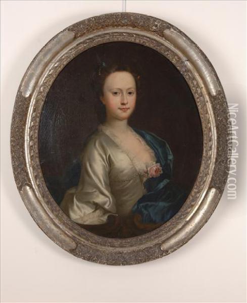 Portrait Of A Lady, Head And Shoulders, Wearing A Silver Dress Andblue Drape Oil Painting - Thomas Hudson