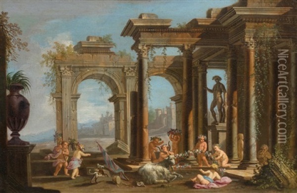 A Roman Architectural Landscape With Putti Oil Painting - Alberto Carlieri