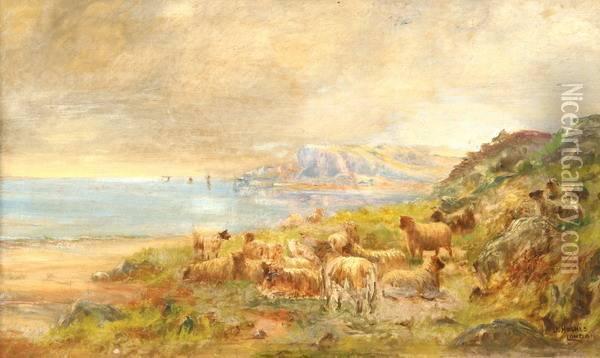 Sheep At Waters Edge Oil Painting - John Hughes