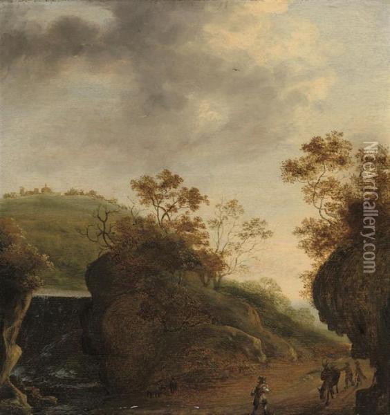 A Rocky River Landscape With Figures On A Track Oil Painting - Jan Both