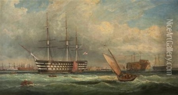 H.m.s. Victory Lying In Portsmouth Harbour Oil Painting - George Gregory