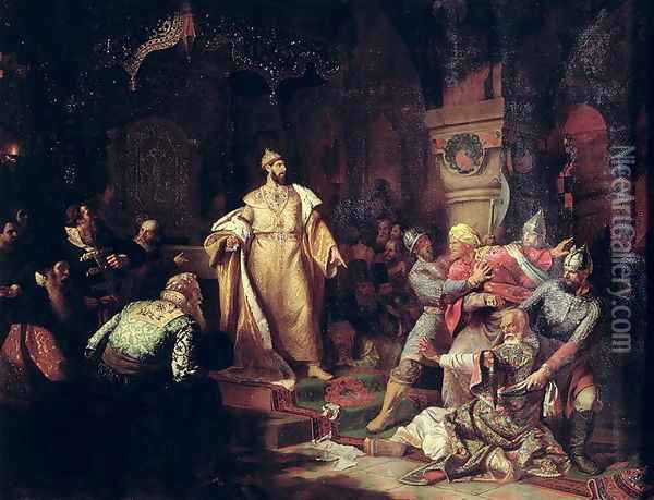 Tsar Ivan III 1440-1505 Tearing the Deed of Tatar Khan, 1862 Oil Painting - Nikolai Semenovich Shustov