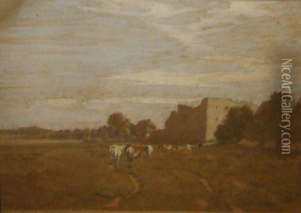 Drover With Cattle By A Ruined Castle Oil Painting - Cecil Ross Burnett