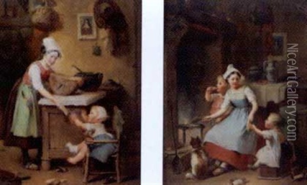 Hausliche Szene Mit Kindern (+ Another Similar; Pair) Oil Painting - Francois-Louis Lanfant