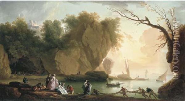 A Coastal Landscape With Elegant Figures And Fishermen, A Fortressand Shipping Beyond Oil Painting - Claude-joseph Vernet