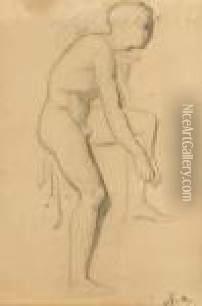 Mannlicher Akt Mit Aufgestutztem Linkem Bein Oil Painting - Albert Anker