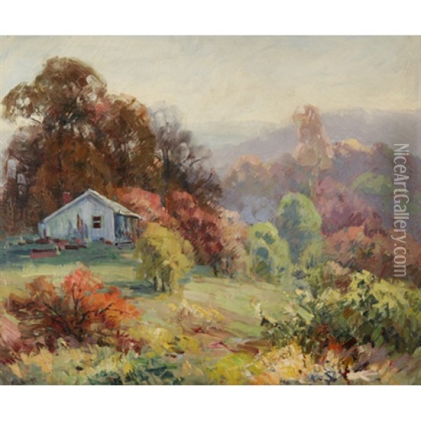 Brown County Autumn Vista With Cabin Oil Painting - Will Vawter