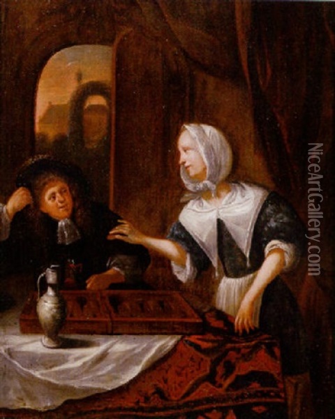 A Gentleman And Lady Playing Backgammon Oil Painting - Richard Brakenburg