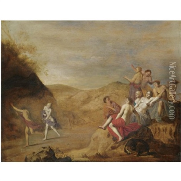 A Mythological Scene With A Nymph Pursuing A Young Man And Other Figures Resting In The Foreground With A Dog Oil Painting - Cornelis Van Poelenburgh