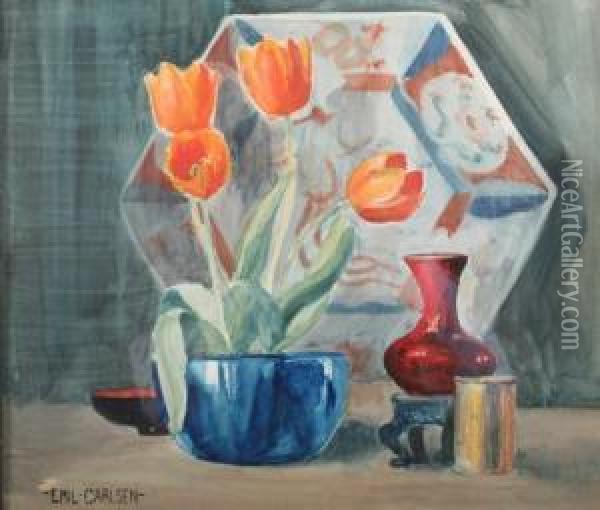 Still Life With Asian Charger And Tulips Oil Painting - Emil Carlsen