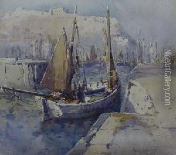 Fishing Boats In Scarborough Harbour Oil Painting - Harry Wanless