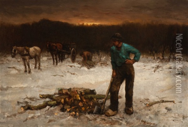 Woodcutters With Horse-drawn Cart In A Winter Landscape (1899) Oil Painting - Willem Van Der Nat