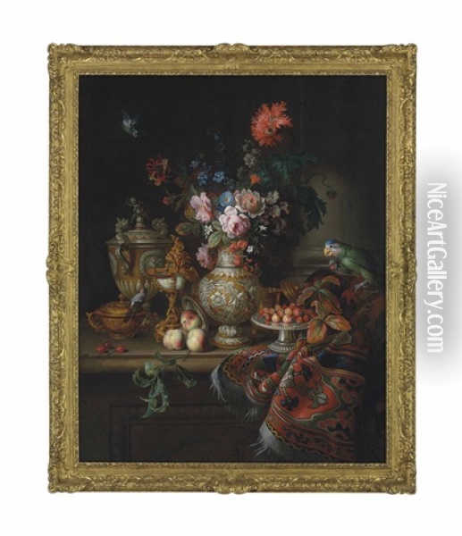 Roses, Carnations, Morning Glories And Flowers In A Parcel-gilt Vase, A Nautilus Shell Goblet, A Parcel-gilt Two Handled Cup And Porringer, Strawberries On A Tazza With Other Utensils With A Green Parrot And Chaffinch On A Partly Draped Stone Ledge Oil Painting - Tobias Stranovius