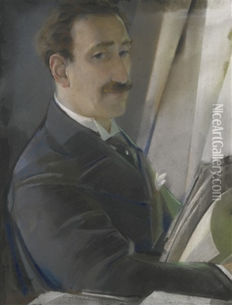 Portrait Of An Artist Said To Be Leon Bakst Oil Painting - Sergei Vasil'evich Chekhonin